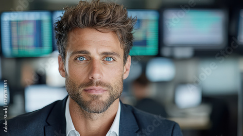 High stakes stockbroker focused on trading in busy office environment