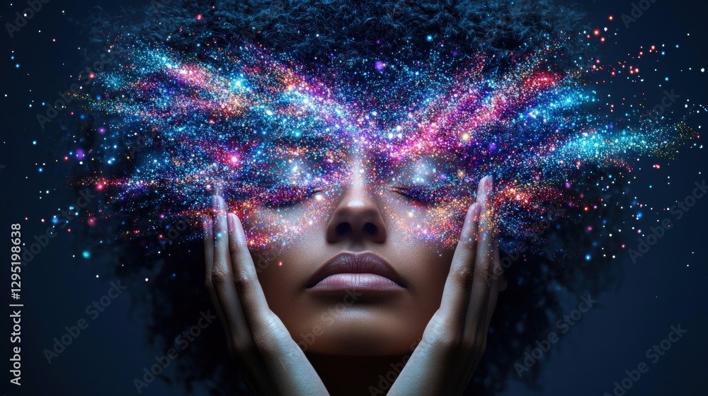 Woman meditating with hands on face surrounded by colorful lights in abstract art composition Woman meditating with hands on face surrounded by colorful lights in abstract art composition