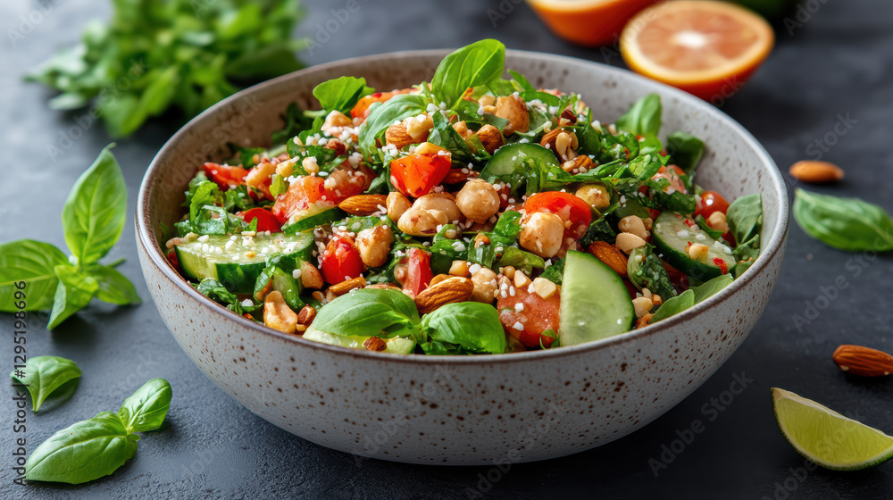 Fresh salad with greens, nuts, and vibrant vegetables for healthy meal Fresh salad with greens, nuts, and vibrant vegetables for healthy meal