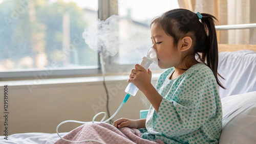 Sick little asian girl inhalation with nebulizer for respiratory treatment,clinic, make well, toddler, pneumonia, nasal, asian, young, care
