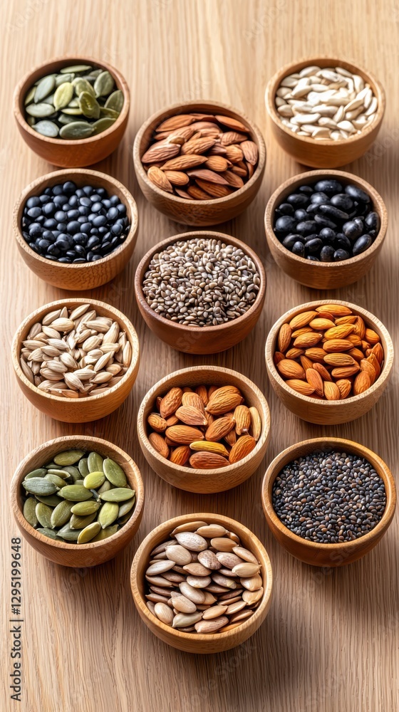 Assorted mineral-rich seeds in small bowls on dark wood table overhead shot soft diffused lighting healthy eating concept Assorted mineral-rich seeds in small bowls on dark wood table overhead shot soft diffused lighting healthy eating concept