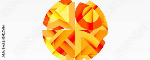 Abstract geometric composition with interlocking circular and angular shapes, featuring smooth gradients and sharp contrasts on a white background