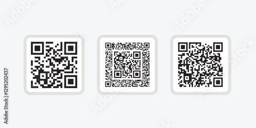 QR code icon. Fake template of quick response matrix barcode in square grid set. Mobile phone camera readable digital label isolated on white background
