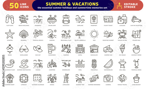 Summer holidays and vacations Icon Set. Thin line editable stroke icons for beach, summertime activities, travel, holiday, tropical, camping, tourism