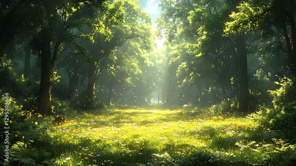 Fototapeta premium Sunlit Forest Path, Meadow, Spring, Sunlight, Nature, Background, Idyllic, Peaceful, Wallpaper