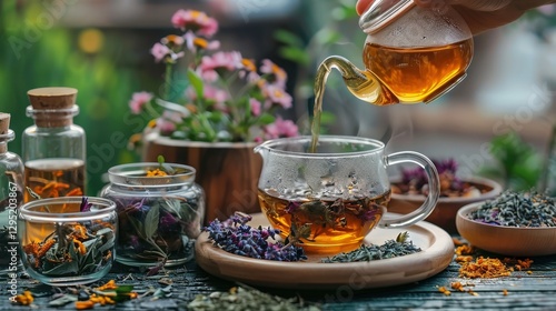A hand pouring herbal tea from a teapot, with various dried herbs and flowers in the background, highlighting herbal medicine