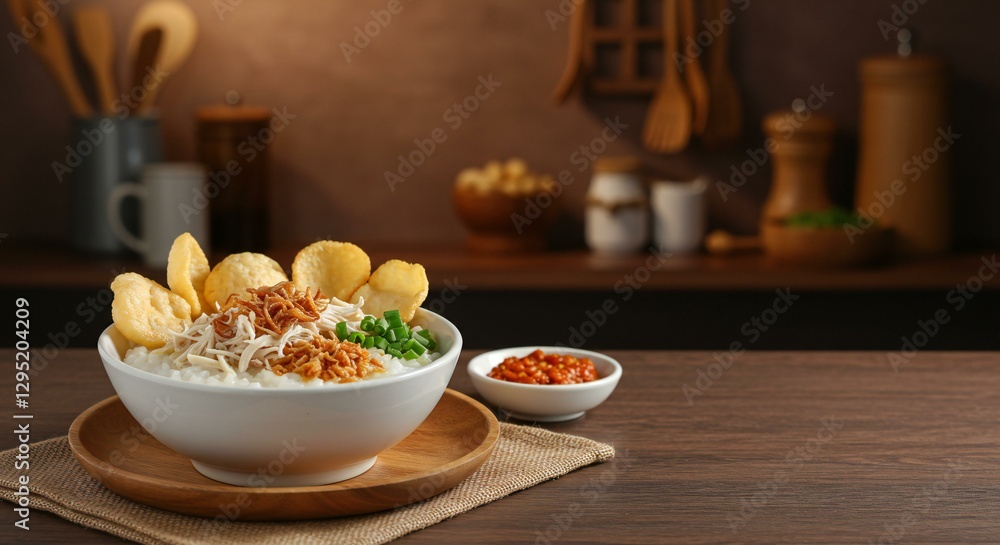 Delicious Chicken Porridge with Crispy Toppings and Condiments