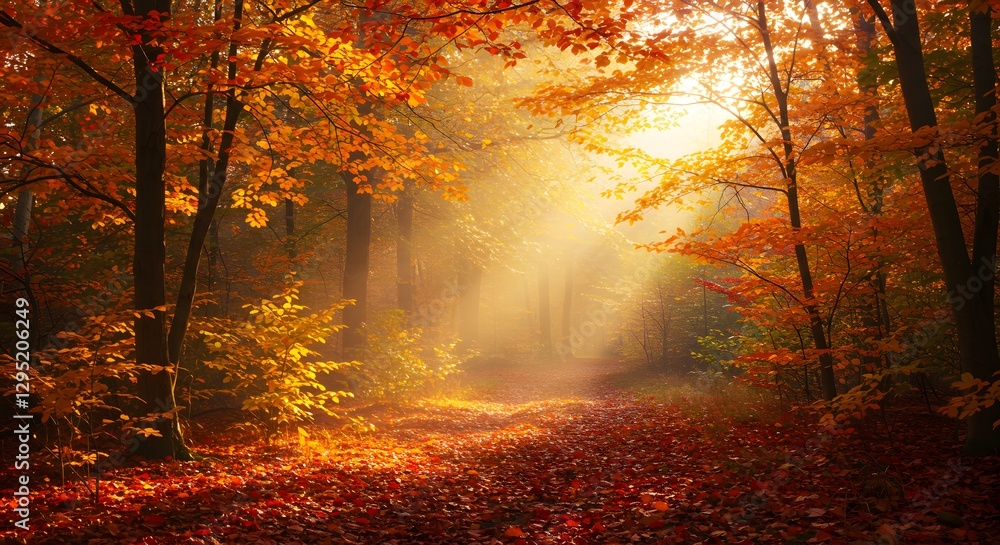 Autumnal Forest Path: Sunlit Trail through Golden Leaves Autumnal Forest Path: Sunlit Trail through Golden Leaves