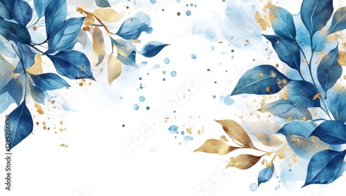 Blue & Gold Leaves Watercolor Background