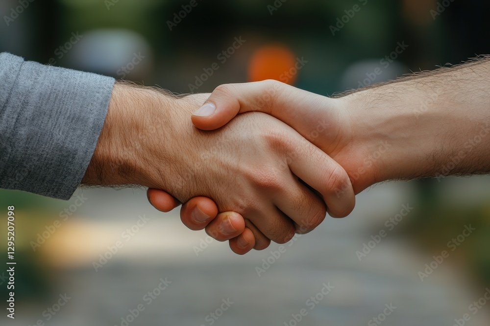 Close-up of two men shaking hands outdoors. Illustrates agreement, partnership, or collaboration. Close-up of two men shaking hands outdoors. Illustrates agreement, partnership, or collaboration.