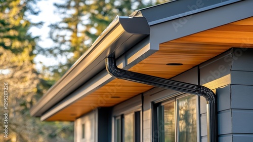 Modern home's sleek dark gray gutters and downspout. Illustrates effective water drainage system for house.