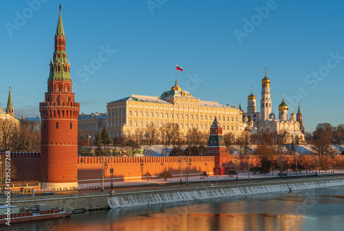 Vodovzvodnaya and Annunciation Towers of the Kremlin Wall, the Grand Kremlin Palace and the Kremlin Embankment of the Moskva River, Moscow, Russia