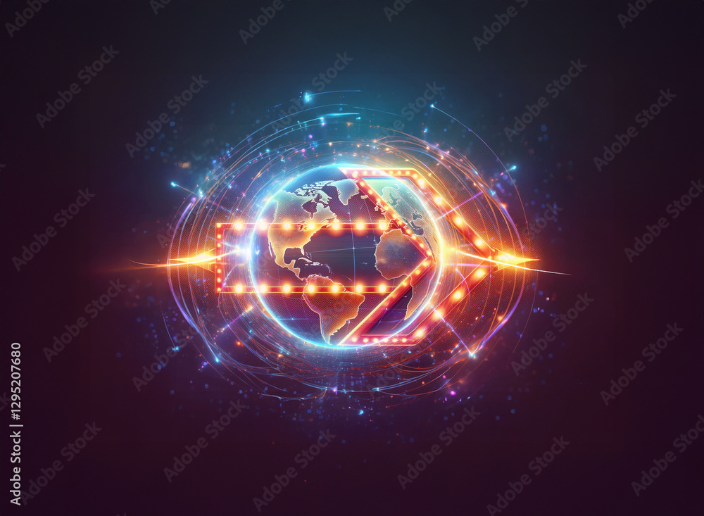 Obraz premium Abstract glowing globe with double exposure, surrounded by rings and particles. Futuristic style with bright light effects creates a technological feel.