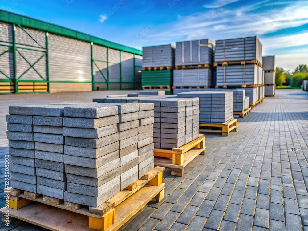 Gray Paving Slabs Stacked on Pallets - Warehouse Inventory, Road Repair, Tile Sales Gray Paving Slabs Stacked on Pallets - Warehouse Inventory, Road Repair, Tile Sales