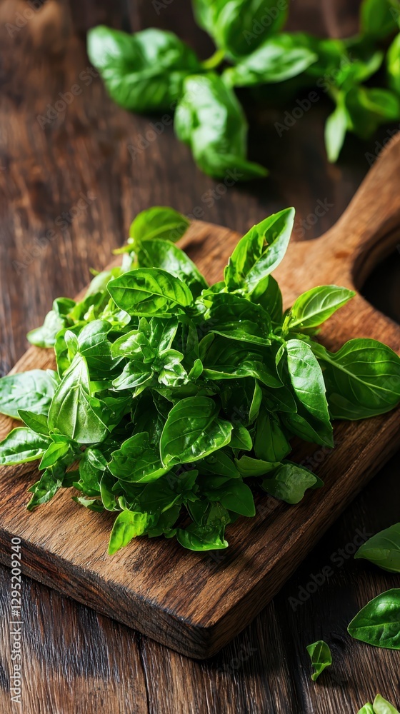 Fresh basil leaves on wooden cutting board warm afternoon light food photography natural setting overhead view culinary concept Fresh basil leaves on wooden cutting board warm afternoon light food photography natural setting overhead view culinary concept