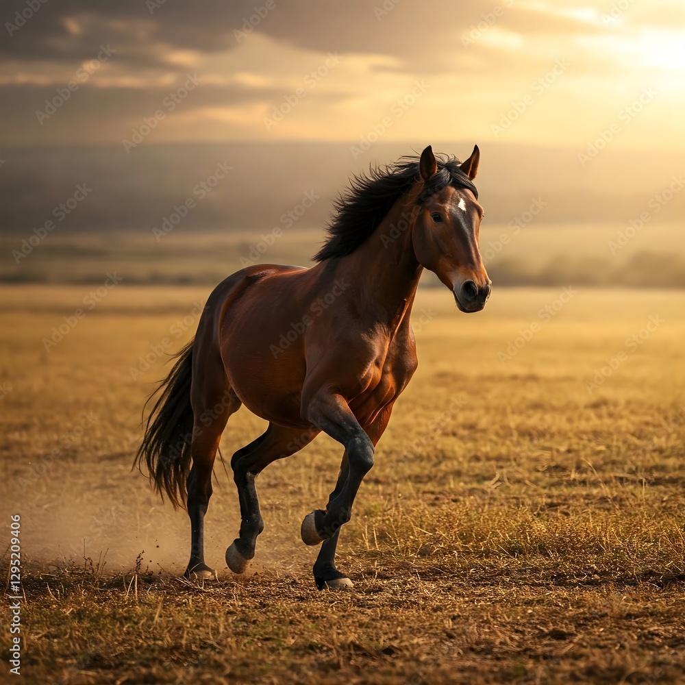 Obraz premium Majestic Horse Running Through Open Fields AI Image