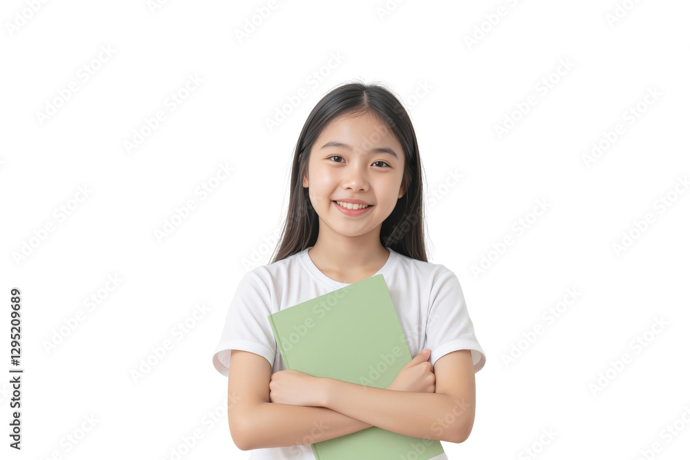 Portrait of a young school concept. Young girl smiling, holding a green folder, wearing a white t-shirt, isolated on transparent background. Portrait of a young school concept. Young girl smiling, holding a green folder, wearing a white t-shirt, isolated on transparent background.