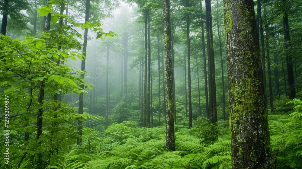 Fototapeta premium Lush Green Forest with Mist and Ferns in a Tranquil Environment