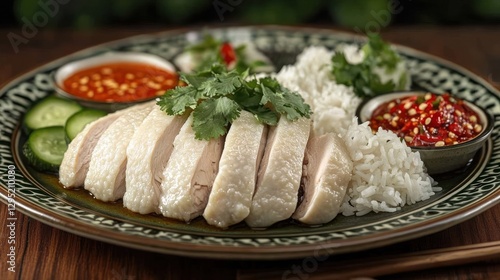 Steamed chicken, rice, and sauces on plate, rustic setting photo