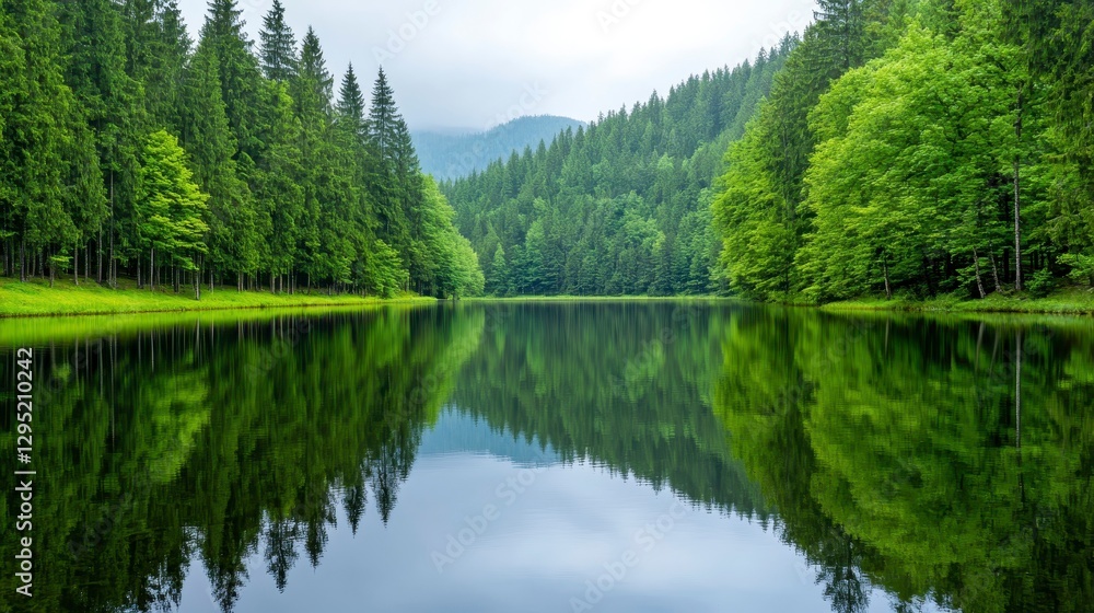 Serene Landscape with Lush Green Forest and Calm Reflection in Water Serene Landscape with Lush Green Forest and Calm Reflection in Water