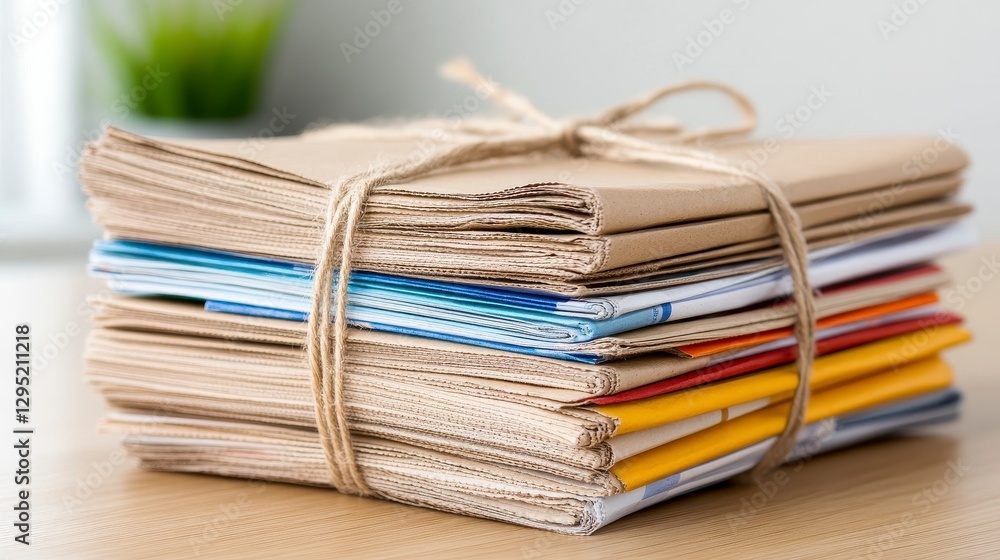 Stack of Tied Papers and Envelopes on Wooden Table Background Stack of Tied Papers and Envelopes on Wooden Table Background