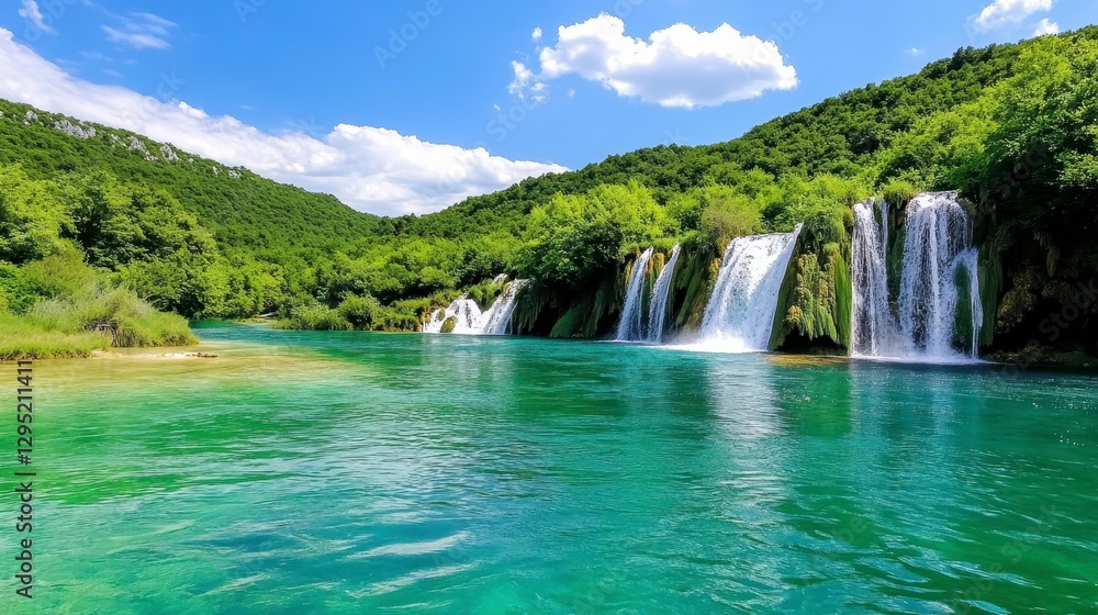 Naklejka premium Stunning Waterfall Cascading into Turquoise Lake in Lush Green Landscape