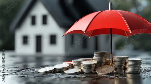Wallpaper Mural A red umbrella protects a stack of coins in front of a house, symbolizing financial security and insurance for property investments. Torontodigital.ca