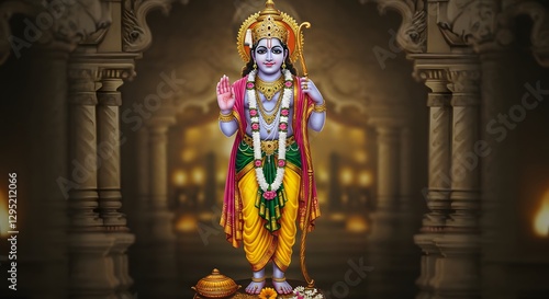 Lord Rama, the Seventh Avatar of Vishnu, Depicted in Regal Attire, Holding his Bow and Arrow