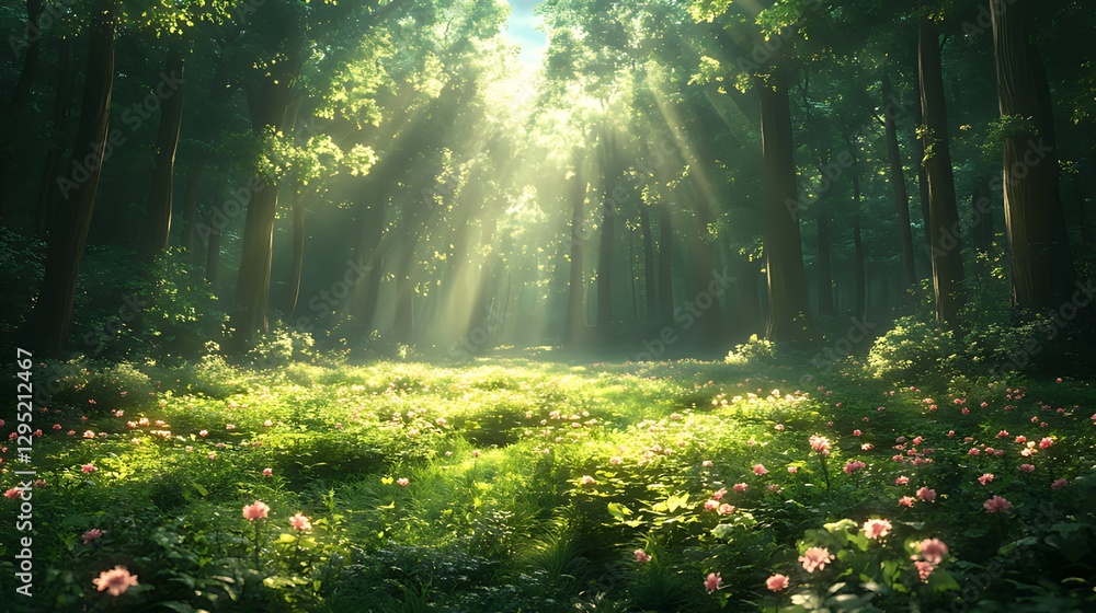 Obraz premium Sunbeams illuminate forest path, floral meadow, peaceful background, nature scene