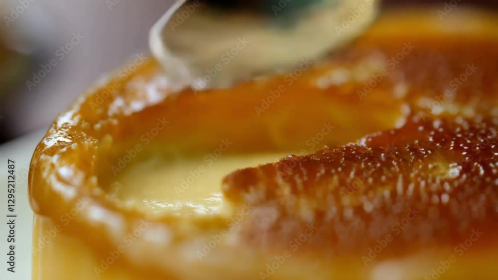 Close-up of crème brûlée with a spoon cracking the caramel crust, sharp textures, inviting and indulgent vibe, warm golden tones
Close-up of crème brûlée with a spoon cracking the caramel crust, sharp textures, inviting and indulgent vibe, warm golden tones