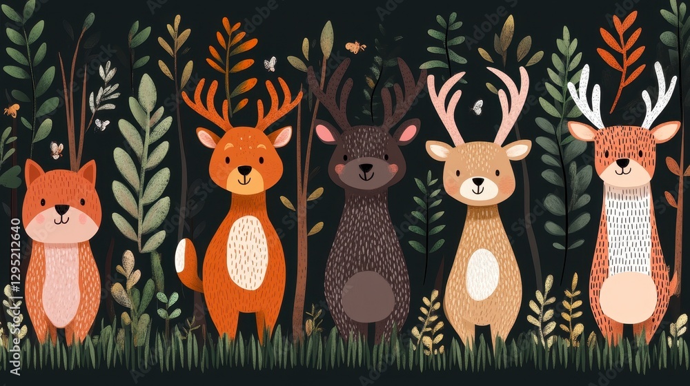 Naklejka premium Colorful Cartoon Forest Animals with Leaves and Flora Background