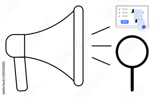 Megaphone emitting lines towards business document with magnifying glass. Ideal for marketing, advertising, financial transparency, document analysis, communication strategy, business auditing