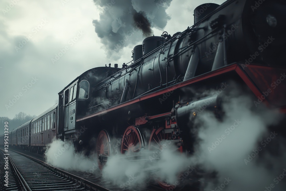 Fototapeta premium Vintage steam train departing foggy station