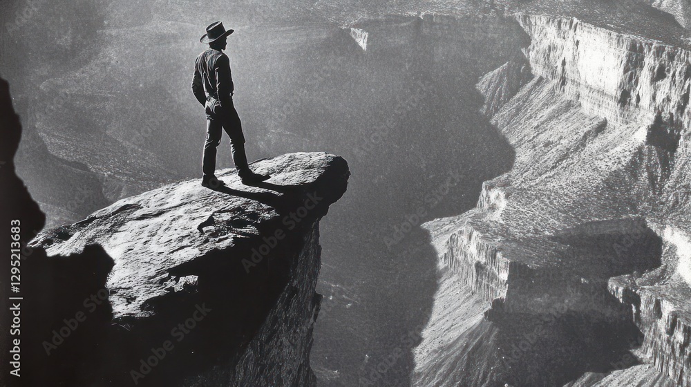 Fototapeta premium Monochrome contemplation, figure on cliff edge surveys a vast canyon landscape