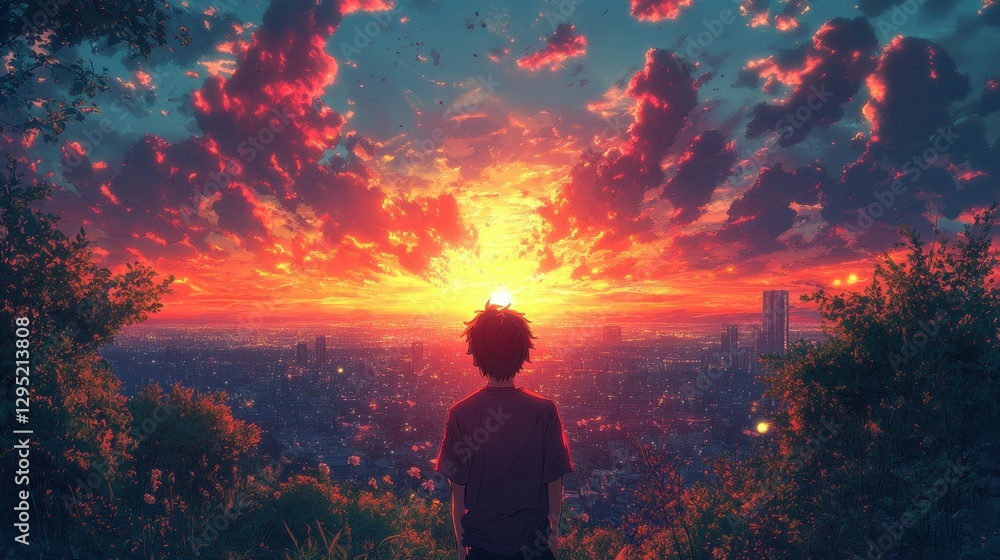 Obraz premium Watching Sunset Over Urban Skyline From Hilltop Vantage Point with Dramatic Clouds