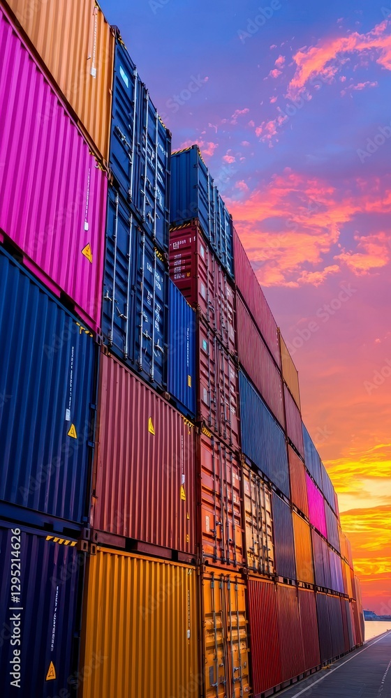 Fototapeta premium Colorful Shipping Containers Stacked High at Port under Beautiful Sunset Sky Logistics and Trade