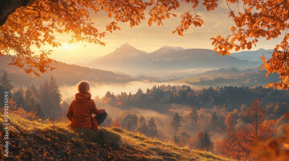 Obraz premium Woman meditates on autumn mountain peak, overlooking misty valley at sunrise. Perfect for themes of peace, tranquility, and the beauty of fall.