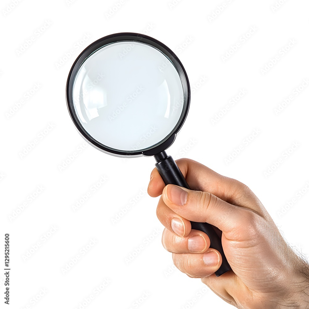 A human hand holding a magnifying glass against white background A human hand holding a magnifying glass against white background