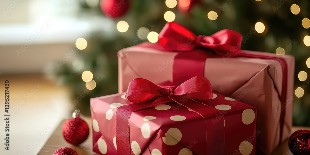 Beautifully wrapped Christmas presents with ribbon bows. Beautifully wrapped Christmas presents with ribbon bows.