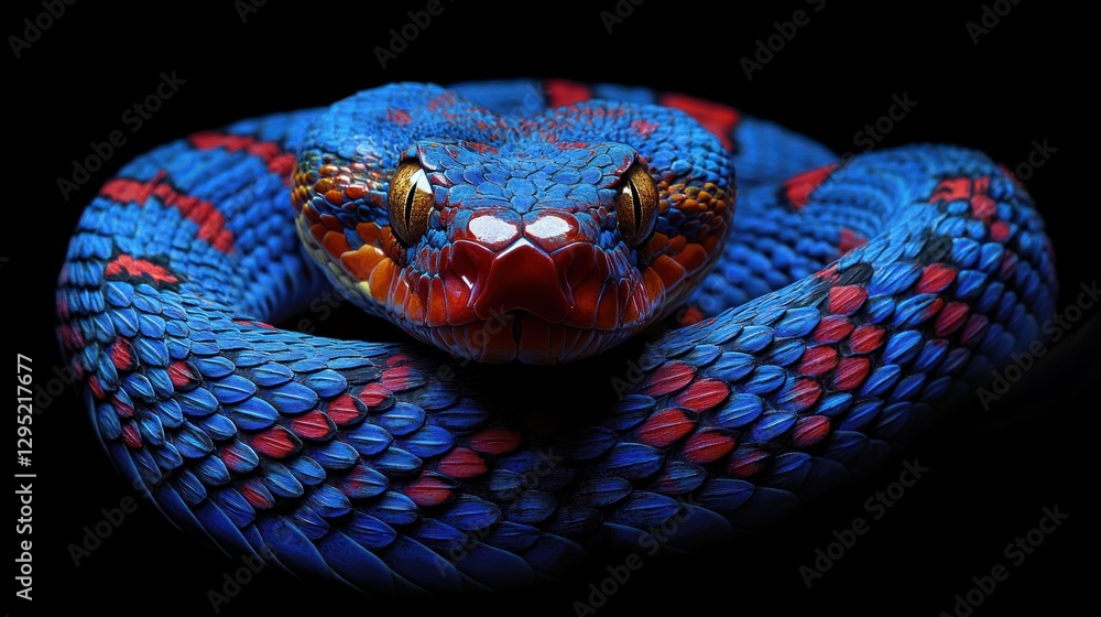 Fototapeta premium Vibrant blue and red snake coiled on black background