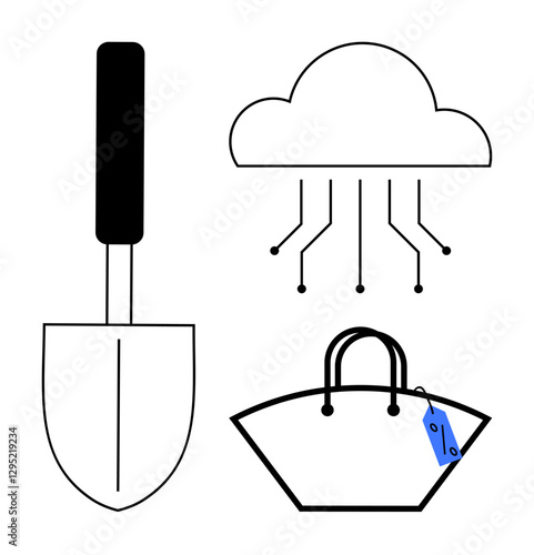 Shovel with black handle, digital cloud with circuit lines, and a shopping bag with a price tag. Ideal for technology in daily life, e-commerce, gardening, digital connection, online shopping