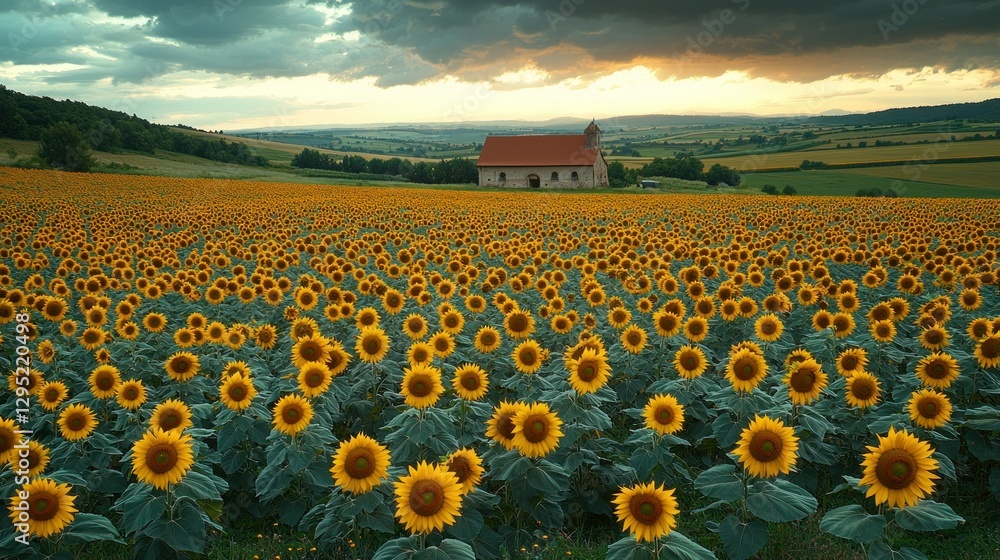 Fototapeta premium Sunflowers Field Chapel Sunset