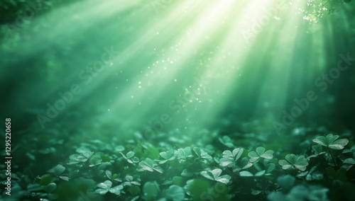 Wallpaper Mural A radiant beam of light shining down on an emerald green background, with subtle clover leaves, creating a magical and enchanting atmosphere, fog subtle. The golden rays radiate Torontodigital.ca