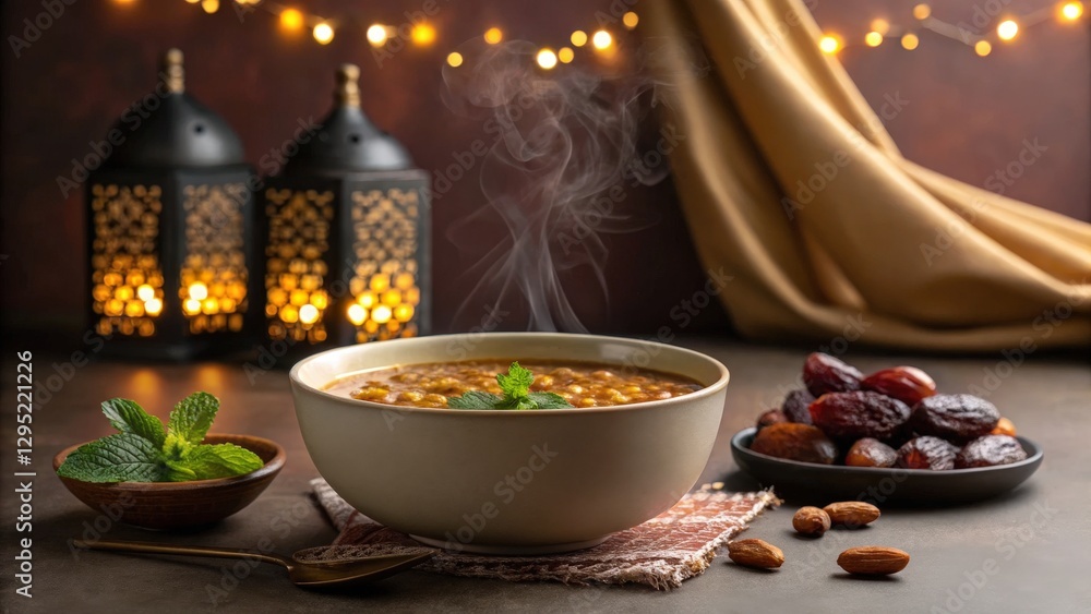 Warm Bowl of Soup with Fresh Herbs and Dates Surrounded by Lanterns and Fabrics in Evening Light Warm Bowl of Soup with Fresh Herbs and Dates Surrounded by Lanterns and Fabrics in Evening Light