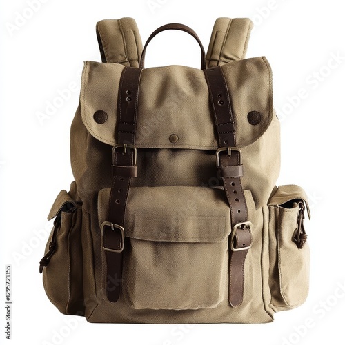 Beige Canvas Backpack, Front View,  Empty,  No People photo