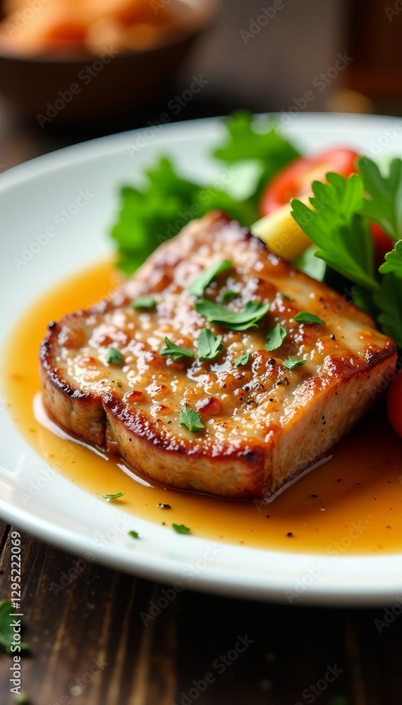 Succulent grilled pork fillet served with vegetables and sauce on white plate, dish, vegetables Succulent grilled pork fillet served with vegetables and sauce on white plate, dish, vegetables