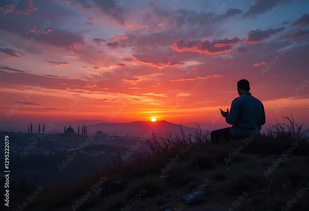 Fototapeta premium Silhouetted Man Praying at Sunset Over Cityscape