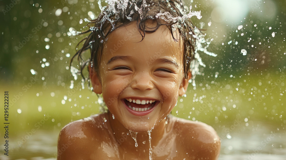 Joyful Child Having Fun in Summer Splash with Water Droplets Exploding in Sunlight Joyful Child Having Fun in Summer Splash with Water Droplets Exploding in Sunlight