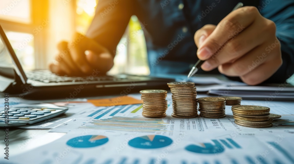 Fototapeta premium Financial Analysis with Coins and Charts on a Workspace Table