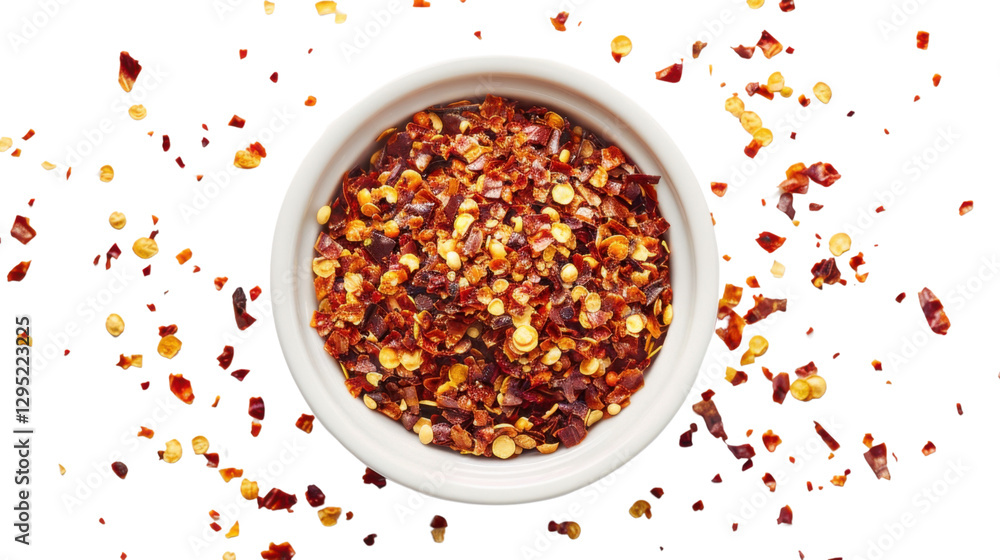 Chili flakes falling into a bowl on transparent background Chili flakes falling into a bowl on transparent background